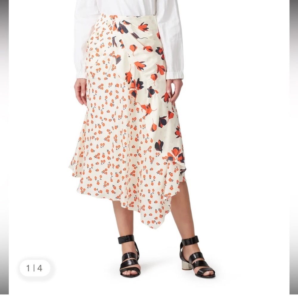 Self-Portrait Cream Floral Printed Satin Asymmetric Skirt